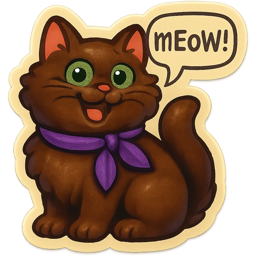 Fluffy cute derpy silly smiling happy funny dark-brown cat with green eyes and a purple scarf saying ‘mEoW~!’ (With a speech bubble) emoji