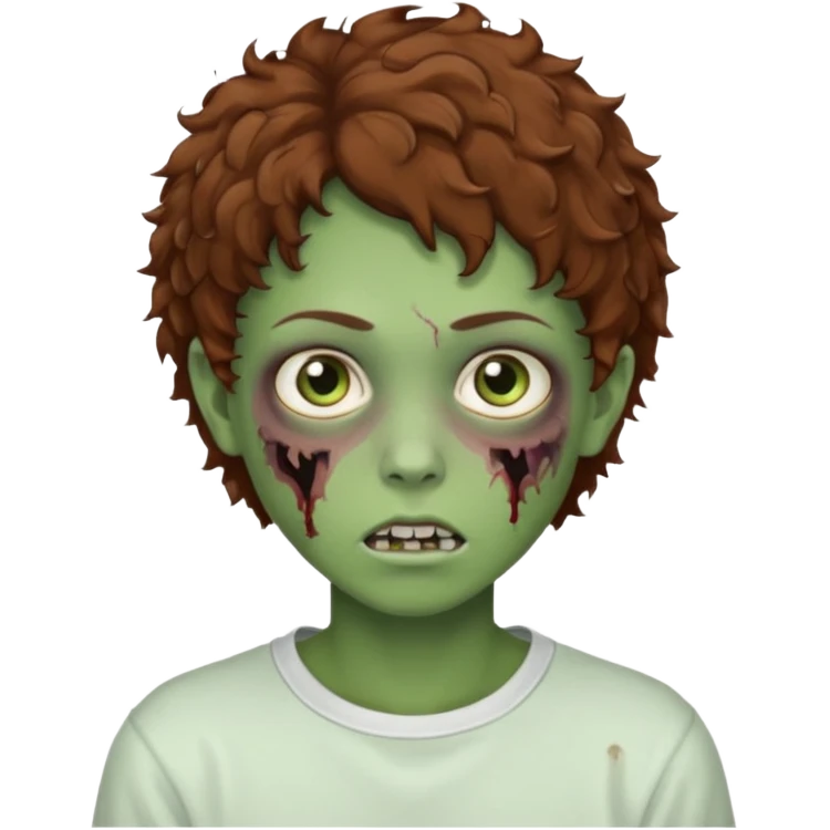  green teen zombie with  brown short curly hair and brown eyes wearing a white sweat emoji