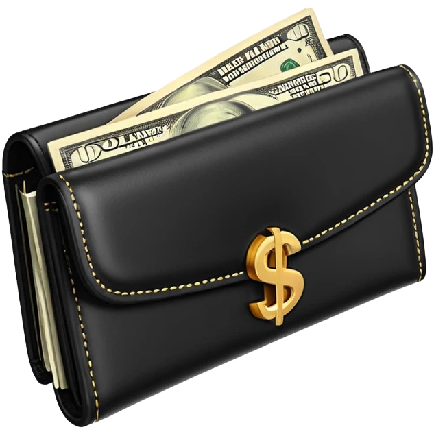 Rich emoji style black leather wallet with dollar bills, luxury money vibe, premium 3D emoji, ultra clean, high detail, no background
 emoji