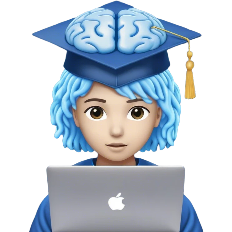 "A human figure (🧑) wearing a graduation cap (🎓), symbolizing learning, with a glowing blue brain (🧠) representing artificial intelligence. The person is sitting in front of a laptop (💻), deep in coding or AI research. Small circuit-like patterns or floating binary code (101010) surround the figure, indicating advanced digital skills. The expression on the face is focused and determined. No magical effects, just a clean and modern tech-inspired design. The background is plain white emoji
