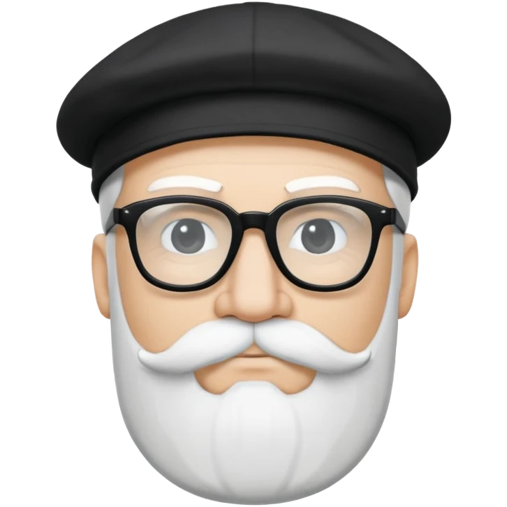 the face of a man with a mustache and short white beard, black glasses, and a black cap that says The Raven Man Cave in white handwritten letters emoji