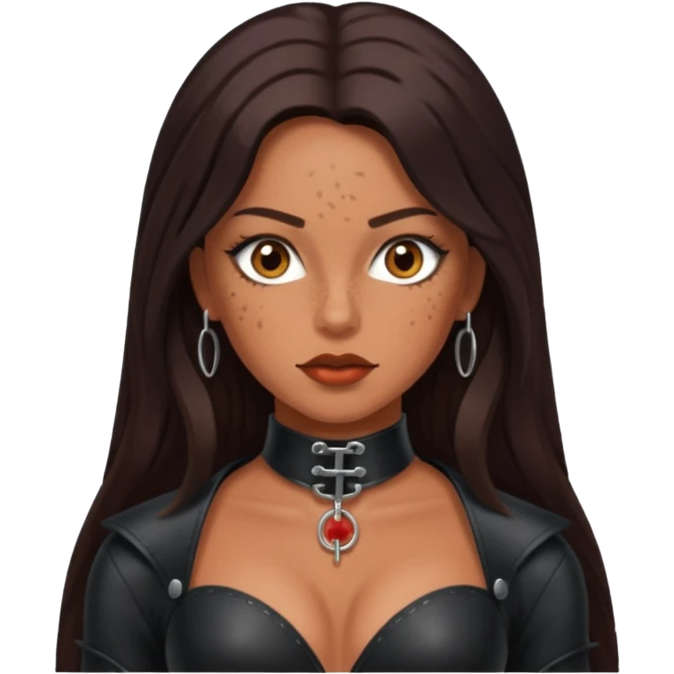 Tan skin with freckles, long dark hair, hazel eyes Dominatrix full body emoji