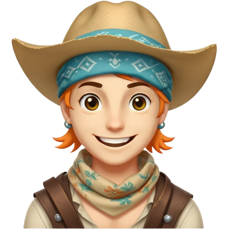 Clash of Clans aesthetic Playful Pirate Portrait Emoji, Head tilted with a roguish, cheeky grin and twinkling eyes, featuring a compact, spirited build with a jaunty hat and a quirky bandana, his natural skin tone evident, Simplified yet irresistibly charming features, highly detailed, glowing with a warm, inviting oceanic glow, high shine, spirited and lively, stylized with an air of whimsical maritime mischief, soft glowing outline, capturing the essence of a playful pirate exuding friendly rogue charm! emoji