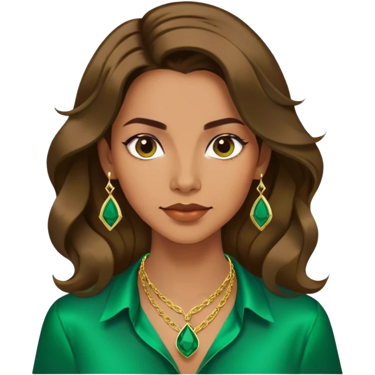 Emoji femenino con cabello suelto corto hasta los hombros castaño oscuro con ondas. Tono de piel bronceado. Viste camisa satinada verde esmeralda y lleva tres collares color dorado. Diseño minimalista. emoji