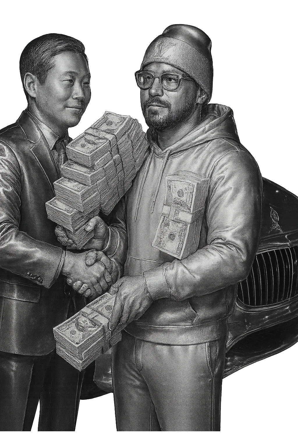 Add an Asian man shaking hands with the main person, both holding realistic money in their hands. Keep the Maybach car in the background. The main person has white skin tone, black goatee and facial hair, wearing a white hoodie, white sweats, white Louis Vuitton beanie, and Cartier glasses. Apply a chrome effect on everything except the money. Match the style and pose of the reference image. emoji