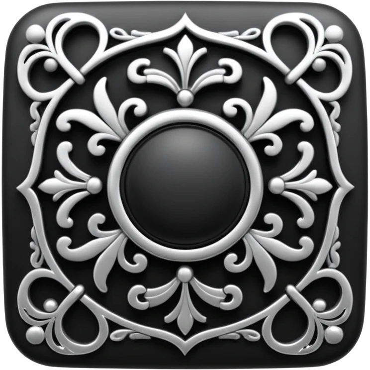 Black and silver filigree square button, 3D, extremely detailed design emoji