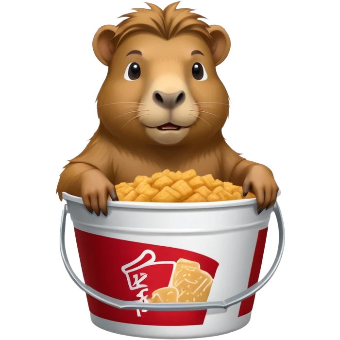 Muscular capybara with Johnny Depp features, goatee, long hair, sitting in a KFC bucket emoji