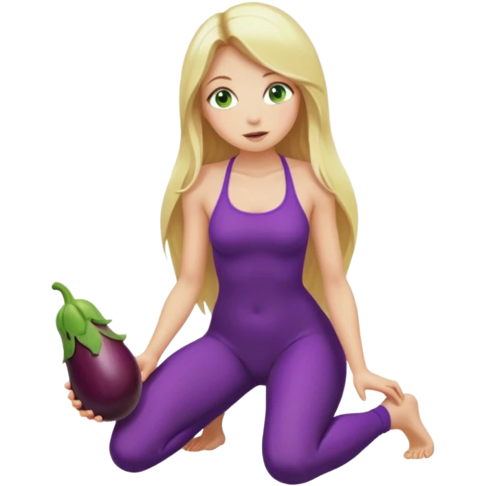 Naked woman tits out long blonde hair green eyes full body skinny legs no clothing kneeling eggplant in mouth emoji
