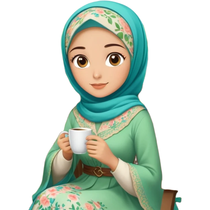Turkish beautiful finish Konya girls blue eyes with Beautiful light brown green floral hijab long tail dress and in a lovely garden sits on the chair on the ground and holds cup coffe with her hand  emoji