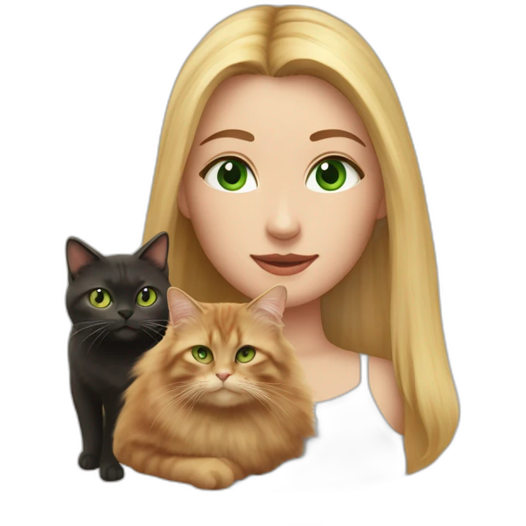 woman with green eyes and long straight blonde hair and big boobs is holding a very fluffy and fat tortoiseshell cat emoji