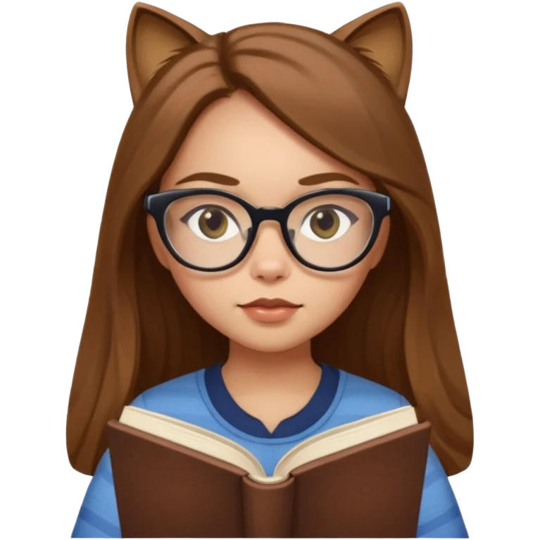 ACB clean beautiful girl long brown hair, wear glasses cat eye, reading a book emoji