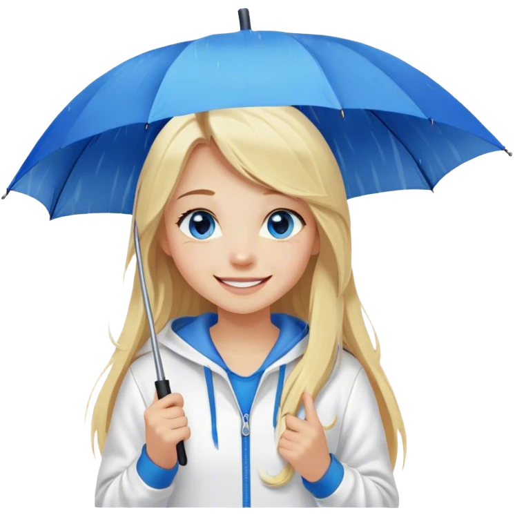 Cinematic realistic emojis in the form of a blonde girl with a joyful smile, long hair, blue eyes, wearing a white hoodie, holding an umbrella over her from the rain emoji