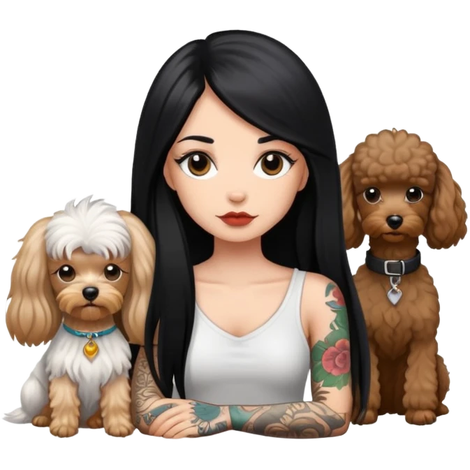 girl with long black  straight hair and tattoos and a  white Yorkshire and a brown poodle emoji