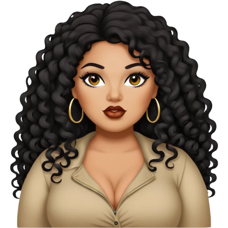 big plus size, darker tan skin, long black curly hair, baddie,pretty, makeup, lipliner, black eyeliner, long hair emoji