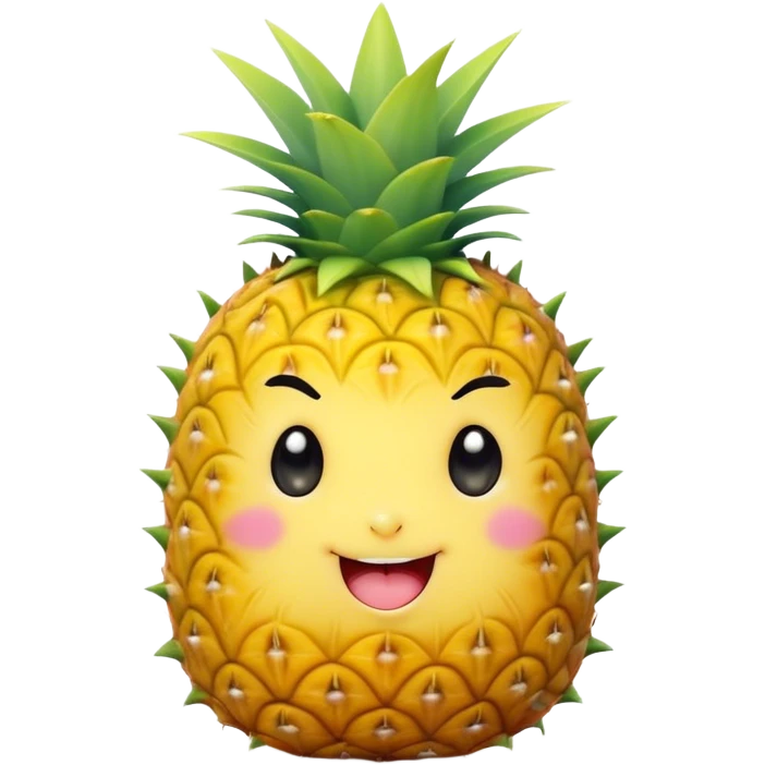 Cute Kawaii Pineapple, tiny and round, bright golden yellow with a spiky green top, chubby cheeks, playful winking expression, soft pastel textures, sweet and tropical vibes! emoji