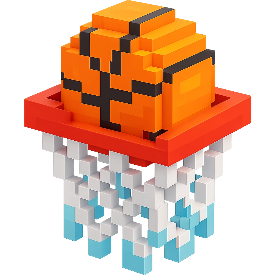 Voxel-style basketball in a net, no background, variation 6. emoji