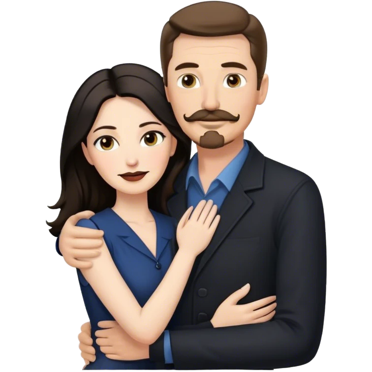 middle aged couple, tall white man with brown hair goatee mustache hugging a pale woman with long black hair, wearing elegant clothing emoji