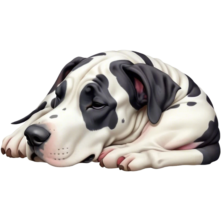 Meme-Worthy Cute Sleeping Harlequin Great Dane Portrait Emoji, Head resting peacefully with a contented smile, showcasing a delightfully majestic build and a luxuriously soft coat of predominantly white with bold black patches, eyes shut in a serene nap, Simplified yet hilariously adorable features, highly detailed, glowing with a soft, drowsy light, high shine, relaxed and utterly lovable, stylized with an air of playful laziness, bright and heartwarming, soft glowing outline, capturing the essence of a comically sleepy guardian, so meme-worthy it feels like it could instantly become the next viral sensation of adorable slumber! emoji