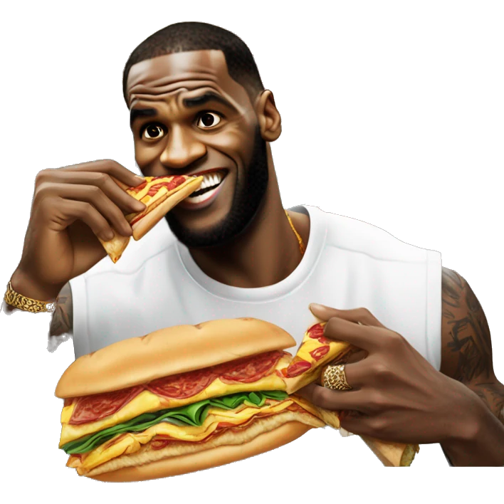 Lebron James eating a sandwich next to a pizza subway emoji