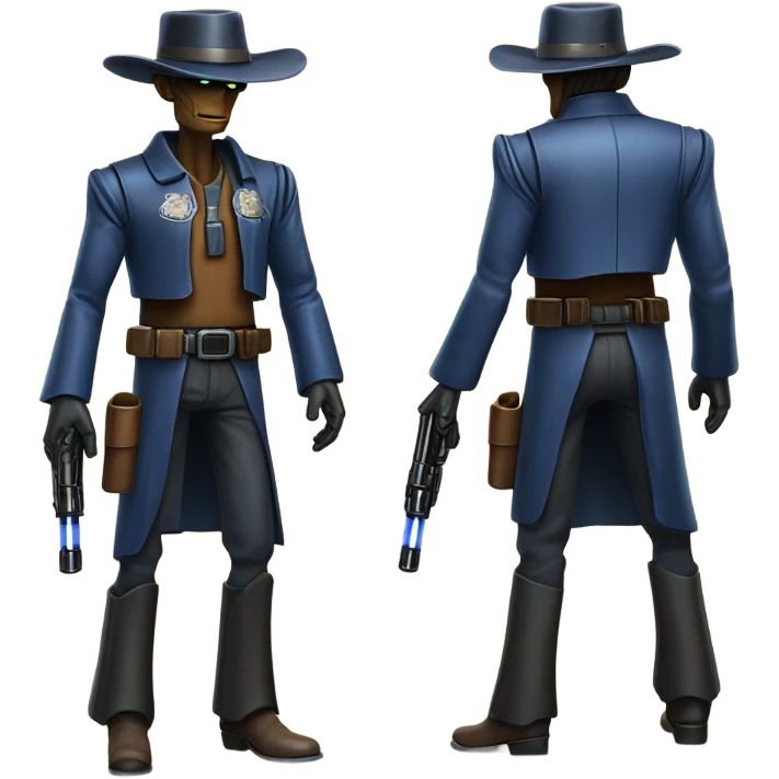 friendly frantic bounty hunter tarnished undercover tough well-equipped Jedi life-sized darkblue-pearl battle droid leather vest clothing pants and vest old west duster coat holding light saber sheriff holstered gun hat floating emoji