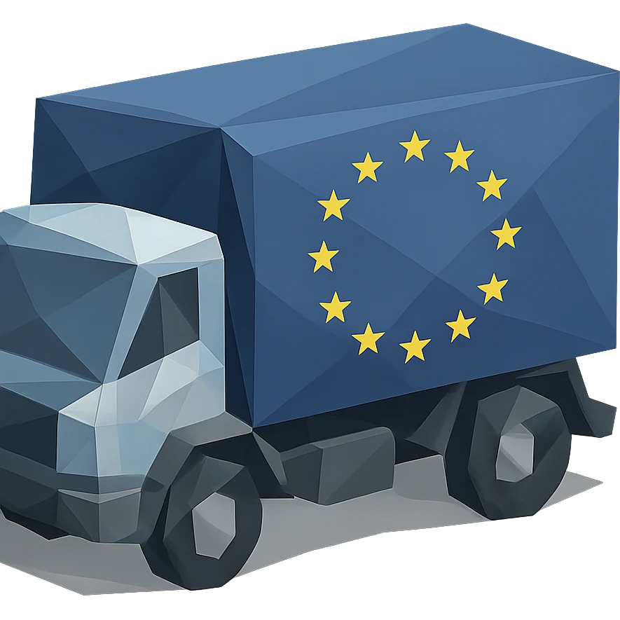 polygonal low-poly style cargo truck with European flag emoji