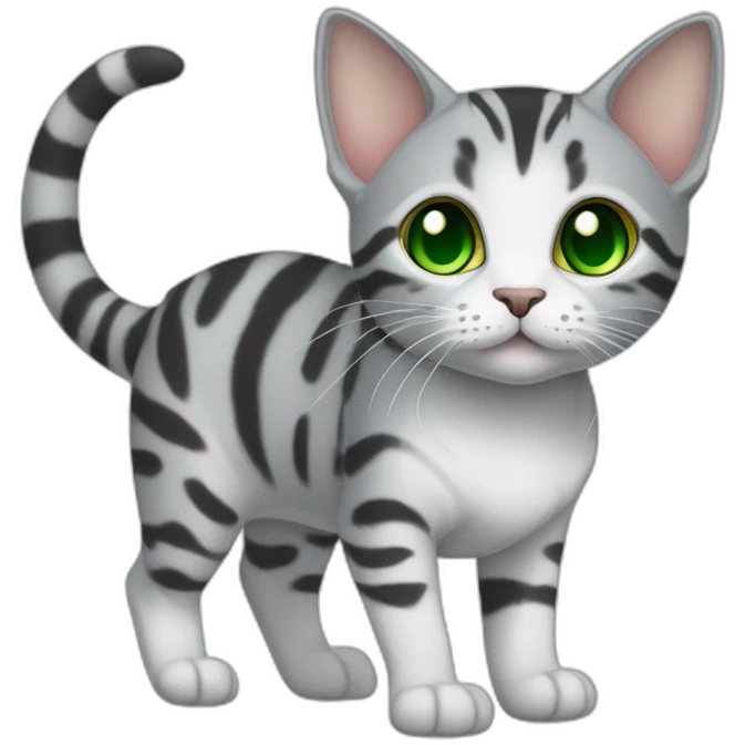 cuddly light white and grey domestic shorthair tabby with green and blue eyes black pupils, walking and playing wearing a cute costume female emoji