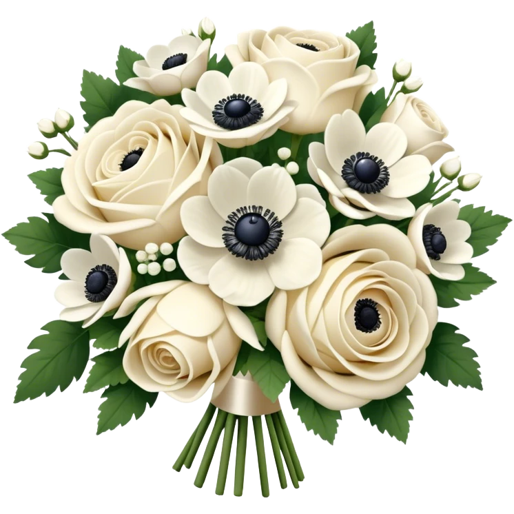 Cream and white bridal bouquet with white roses and anemone flowers, realistic, iOS 17 emoji style  emoji