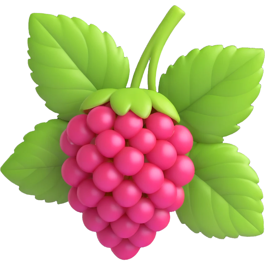 3D iOS style raspberry with green leaves, cute and playful design, different perspective emoji