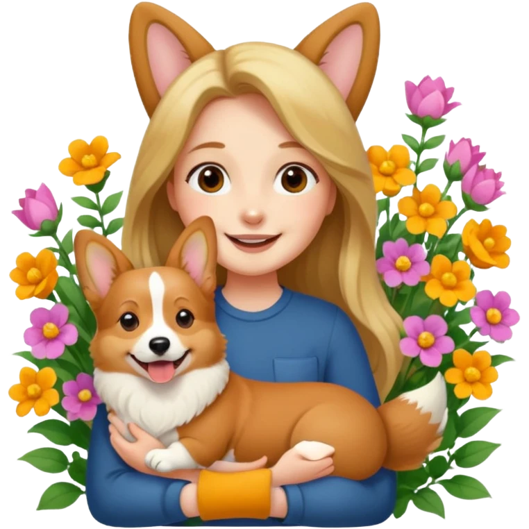 A long-haired girl holding a corgi in the flowers emoji