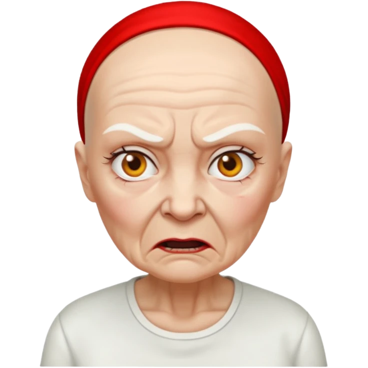 a portrait of angry elderly woman, bald head, wearing shirt emoji