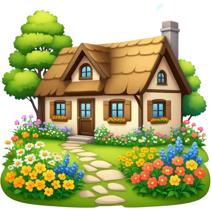 cozy cottage with wild flowers in yard emoji