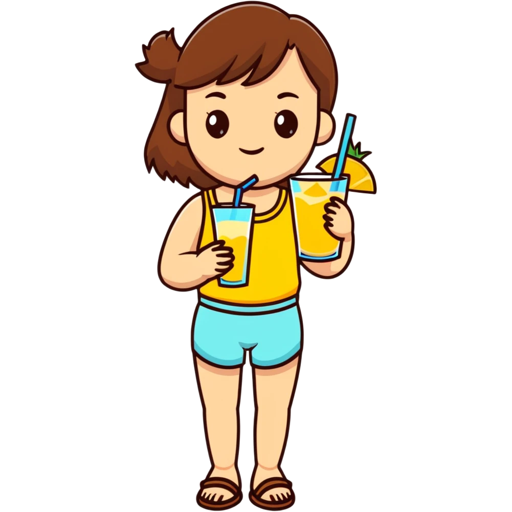 Very tan skinned girl with brown hair wearing a summer outfit sipping a piña colada emoji