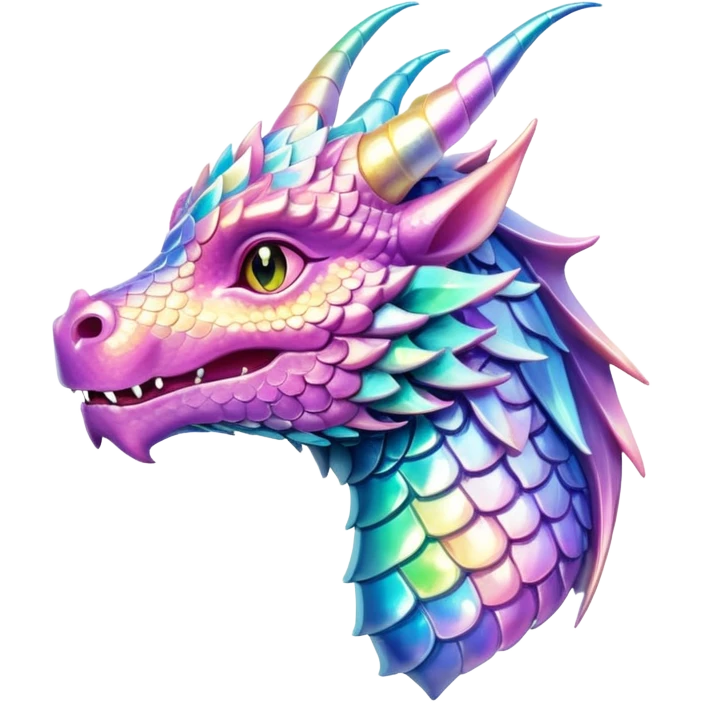 A cute Sparkly glossy Pastel iridescen dragon head profile, 2 horns emoji