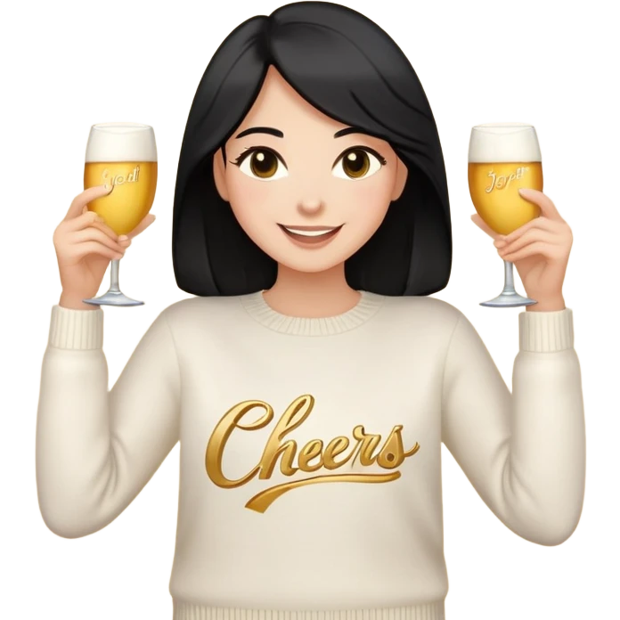 A woman with longer black hair, light to medium skin tone, full cheeks, and almond-shaped eyes, wearing a simple white sweater with the word 'cheers' in gold script, joyful and radiant expression, cheerful, emoji style, just her torso, no hands, no cups. emoji