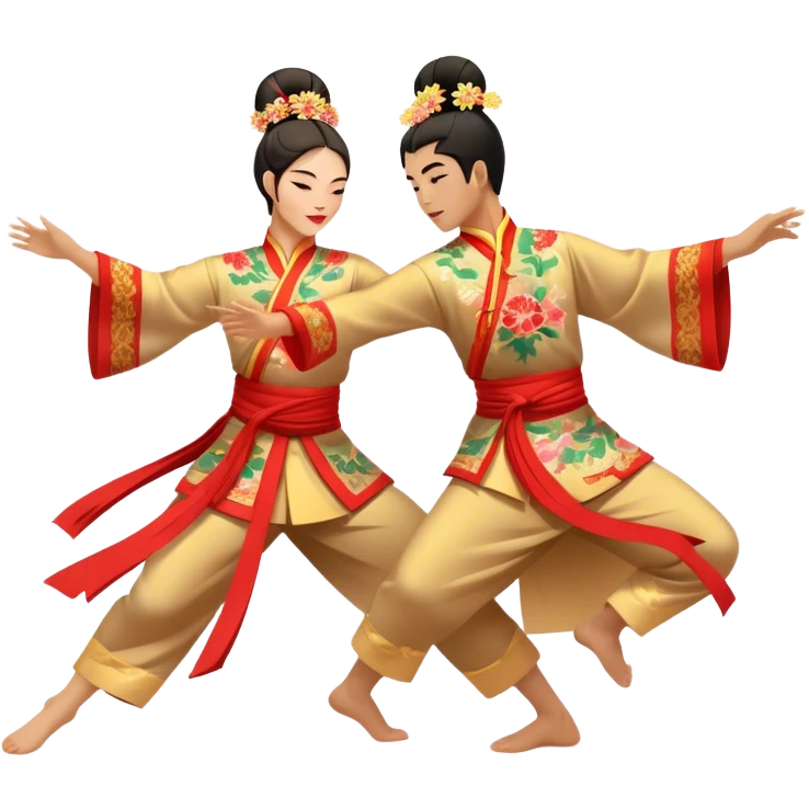 Cinematic Realistic scene of two performers executing a traditional Vietnamese folk dance, adorned in intricately patterned traditional costumes, captured in fluid motion with soft, culturally rich lighting emoji