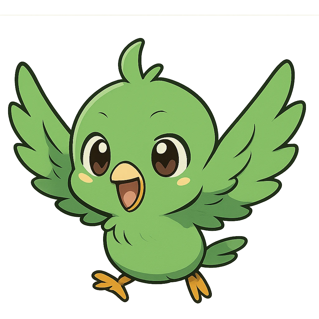 green chibi anime bird flying with wings spread, cute and energetic, chibi anime style emoji