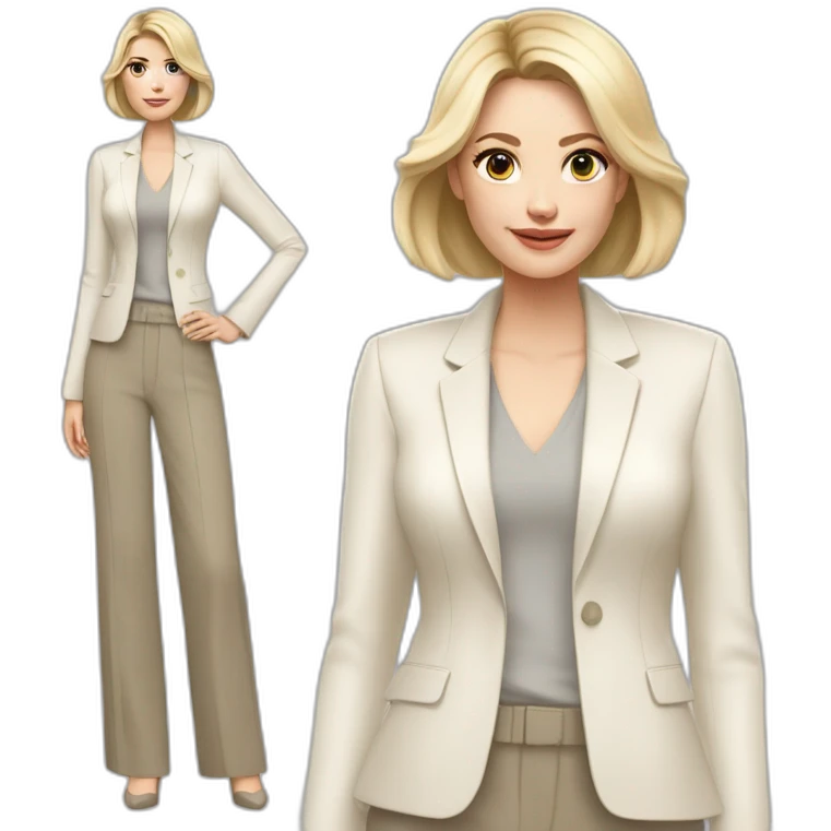 Full height Actively gesturing with hands pale skin woman with ash blonde Straightened bob Hair, White Spacious classical jacket, beige palazzo Arrow pants and gray blouse emoji