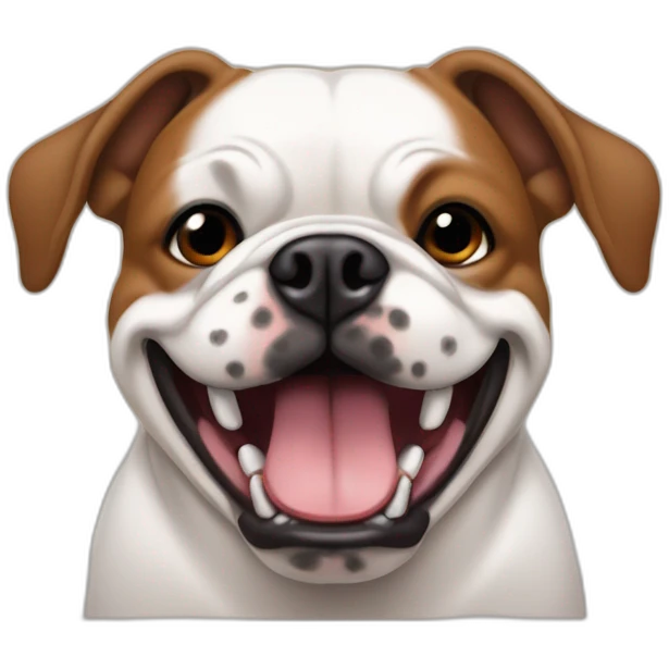 Buldog frances, hocico negro, cara marron y orejas marrones paradas, sacando la lengua emoji