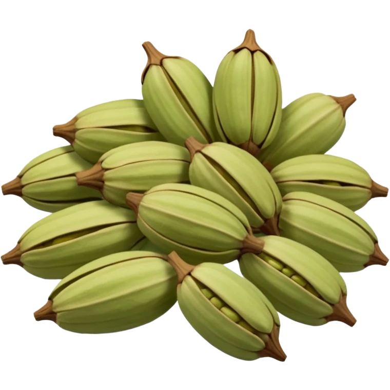 small scatter of whole cardamom pods, oval ridged shape, pale green to light brown hues, slightly wrinkled dry surface, visible seams and pointed ends, aromatic spice seeds inside, apple emoji style, soft lighting, subtle shadows, transparent background, emoji scale emoji