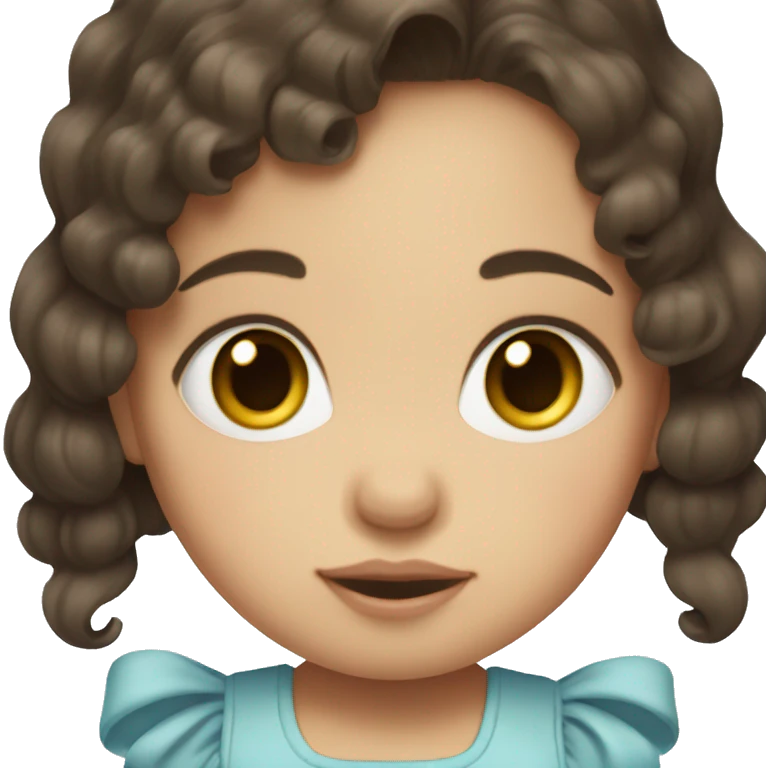 Baby with short, wavy, dark brown hair. Big blue eyes and beige bow in hair emoji