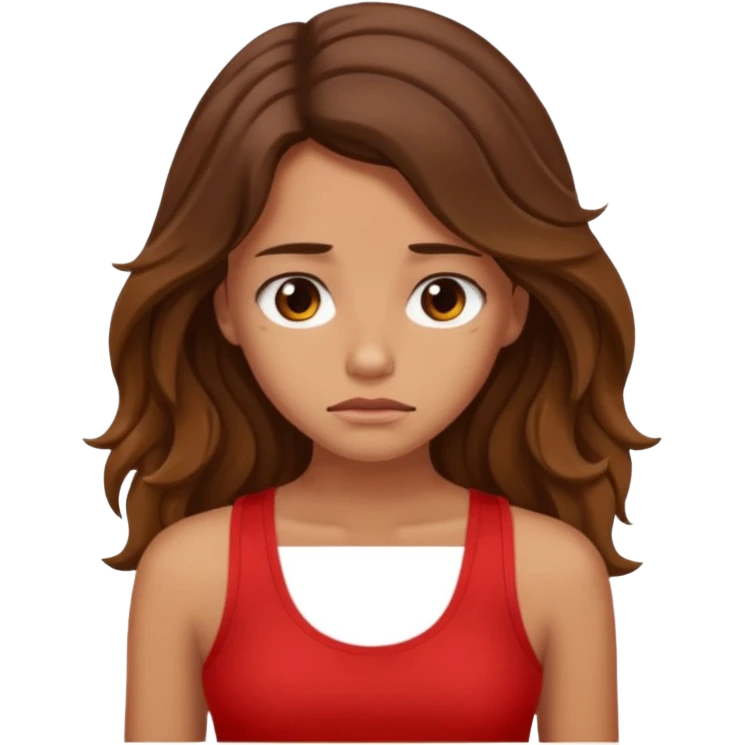generate a pretty tan bratz girl with brown wavy hair long wearing a red tank top looking sad emoji
