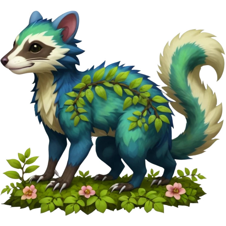 Sharp swampy realistic mossy grassy elemental ivy floral detailed Colorful furry Trico-Sergal-Furret-Ferret-Wolverine-Vernid-furry-fursona-fusion-Fakemon-animal-hybrid-creature, full body emoji