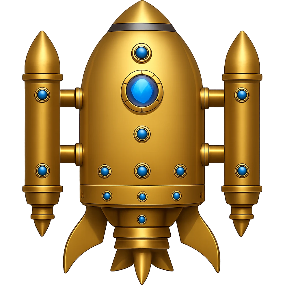 Create a back view of a gold ancient wide jetpack with very shoulder wide side rocket projectiles, no fire, with an apple style emoji look. The jetpack should have gemstone inlays on the gold surface. Remove the background. emoji