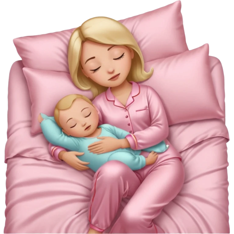 Mulher dormindo de pijama na sua cama de cetim rosa bebê emoji