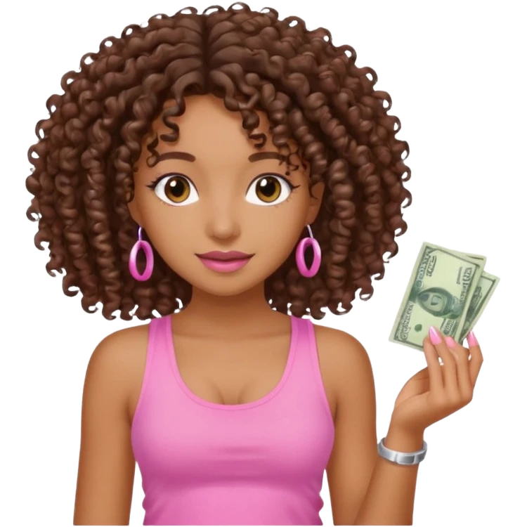 Uma menina com o cabelo cacheado é morena, e com uma regata rosa com unha em gel, é com Baby hair ,e com dinheiro na mão ,𓍢ִ໋🀦⃝🪼〰꩜ emoji