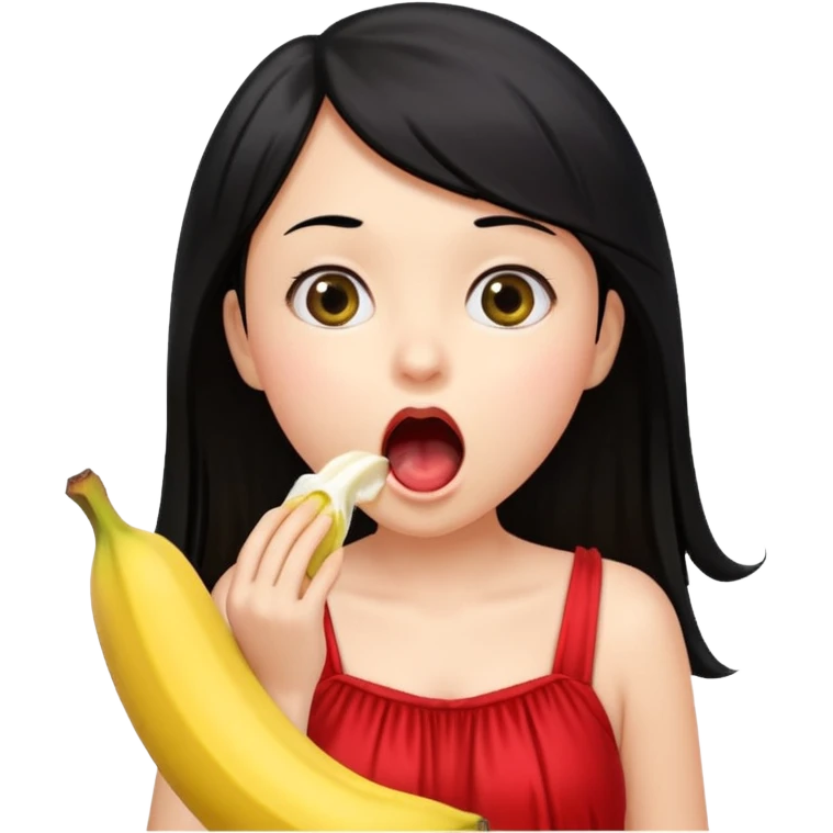 a girl with black hair and red dress rinsing mouth with pale yellow water coming out from a banana from her above emoji