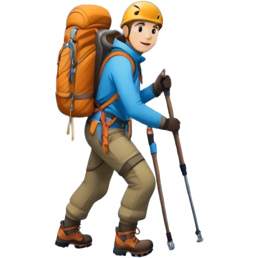Icon for Mountain Tourism and Climbing: a mountain peak in the background, with a hiker carrying a backpack, an ice axe, and wearing climbing gear. The icon should capture the adventure and challenge of alpine exploration. Transparent background. emoji