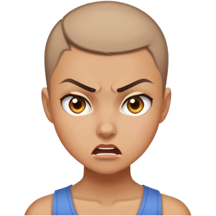 Girl showing anger, tan skin tone, buzzcut emoji
