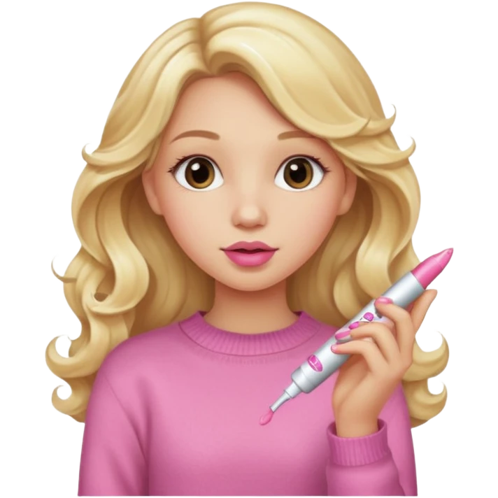 A long curled blonde haired  young girl with a pink sweater and holding a lip gloss emoji