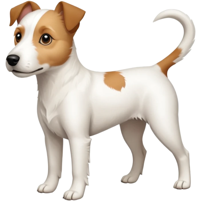 a full body slightly chubby white parson russell terrier looking dog the size of a kelpie with light brown long ears and a light brown patch on one eye and a large snout. the rest of the dog is completely whiteforward facing emoji